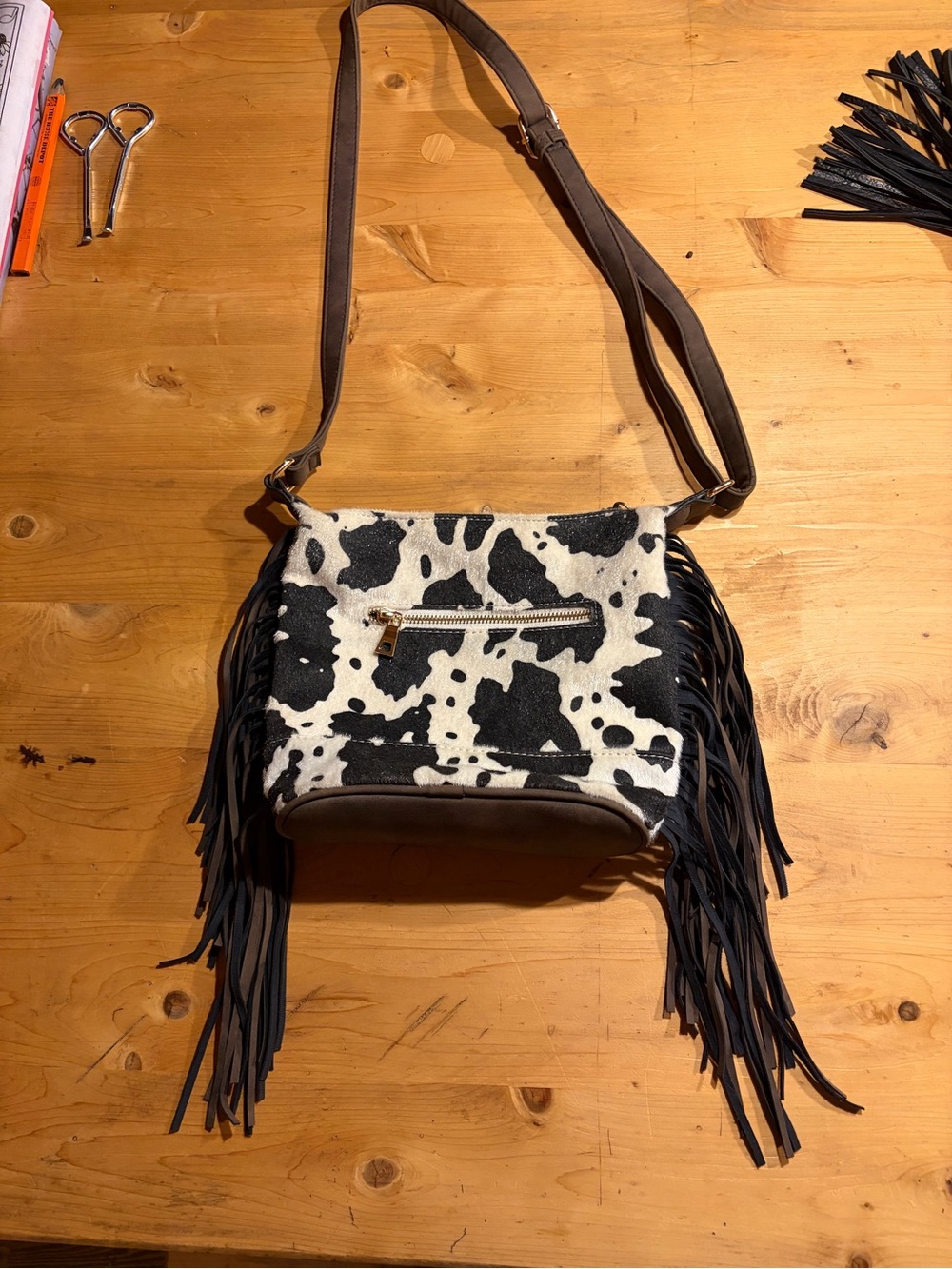 Cow Print Fringe Crossbody Bag - Black & White